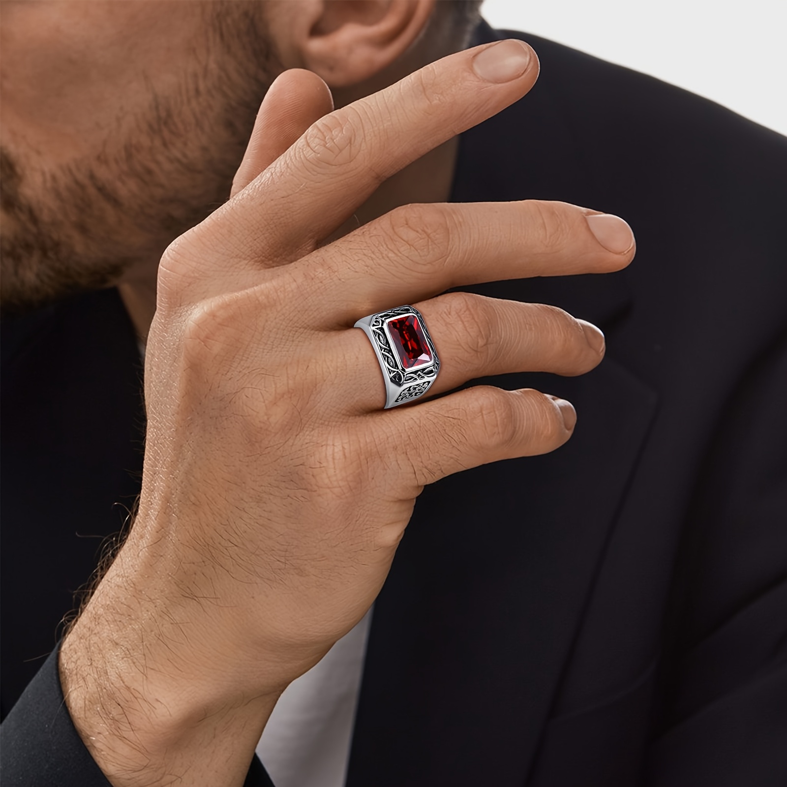 6.85ct Radiant Cut Artificial Synthetic Faux Ruby Men's Ring